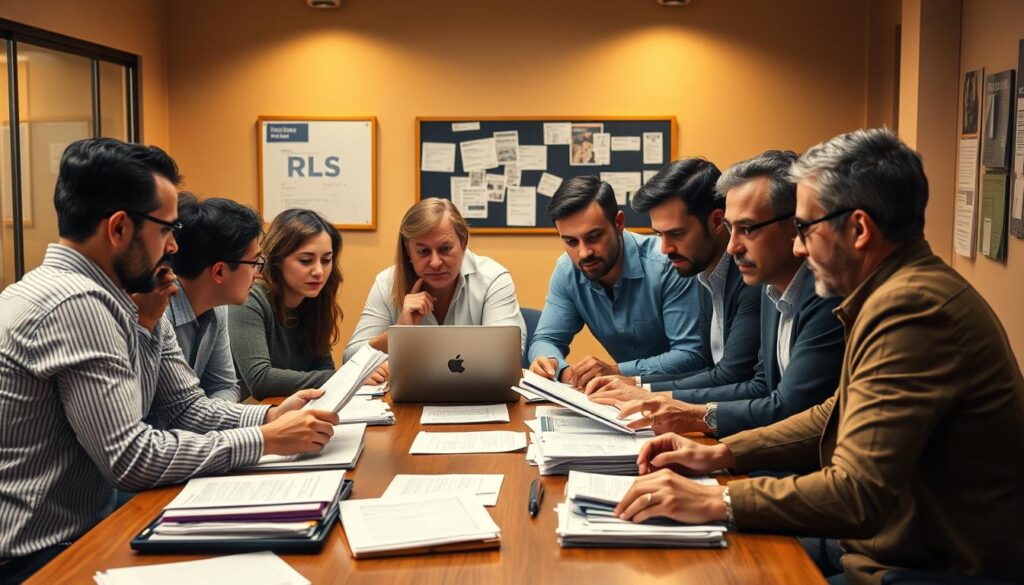 A bustling newsroom, editors and journalists collaborating intently around a conference table. The warm lighting casts a focused, professional atmosphere as they pore over laptops, documents, and stacks of notes. Their expressions are concentrated, brows furrowed in deep discussion as they coordinate the day's RSS-driven content distribution. In the background, a bulletin board displays the publication's branding, hinting at the larger organization behind their teamwork. The scene captures the essential role of editorial collaboration in managing modern journalism's RSS workflow.
