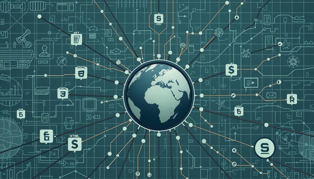 A meticulously detailed illustration of "Web Standardisierung" in the style of a technical engineering diagram. The scene depicts a complex network of interconnected web technologies, standards, and protocols. In the foreground, a central web browser icon is surrounded by icons representing HTML, CSS, JavaScript, HTTP, and other key web standards. The middle ground features a stylized globe, representing the global reach and adoption of these standards. The background showcases a technical blueprint-like grid, with lines and shapes hinting at the intricate technical details and specifications that underpin the web ecosystem. The overall mood is one of precision, interconnectivity, and the fundamental importance of web standards in enabling the modern internet. Rendered with a muted, technical color palette and crisp, high-contrast lighting to convey a sense of authority and professionalism.