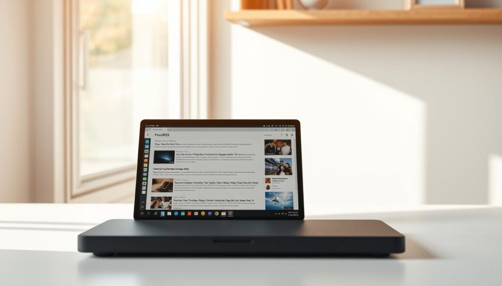 A modern and sleek open-source RSS reader, FreshRSS stands prominently on a minimal white desk. Warm natural light filters through a nearby window, casting a gentle glow on the smooth matte-black chassis. The uncluttered interface displays crisp, high-resolution feeds, conveying a sense of simplicity and flexibility. The desktop setup exudes a professional, productivity-focused atmosphere, reflecting the application's adaptability to diverse user needs. The composition emphasizes the core functionality of FreshRSS - effortlessly aggregating and organizing news and content from various sources.