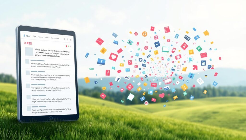 A realistic digital illustration depicting the contrast between the structured, chronological flow of an RSS feed and the chaotic, algorithmically-driven social media feed. In the foreground, a sleek, minimalist RSS feed interface with clean typography and an organized layout. In the middle ground, a swirling vortex of colorful social media posts, hashtags, and notifications. The background is a serene, natural landscape, suggesting the tranquility and focus enabled by RSS. The lighting is soft and diffused, creating a sense of balance and harmony. The composition emphasizes the duality between the two information consumption modes, inviting the viewer to consider their respective merits.
